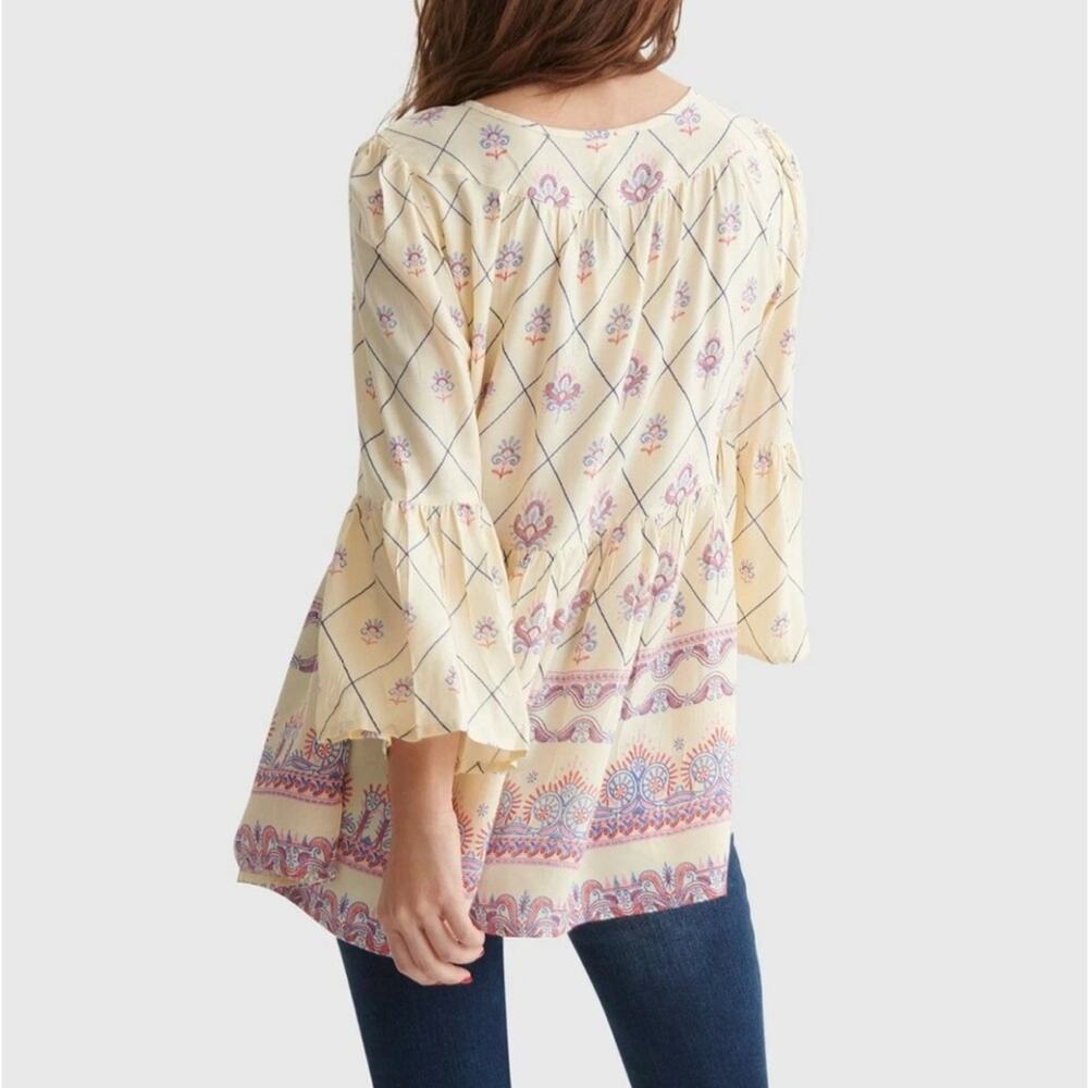 RAGA Anthropologie Ivory Border Print Boho Cream Peasant Top Bell Sleeve L - Picture 2 of 9
